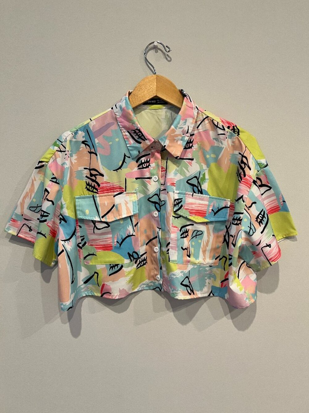 Grawell Abstract Graffiti Print Cropped Button Down Shirt – Streetwear Top – XL
